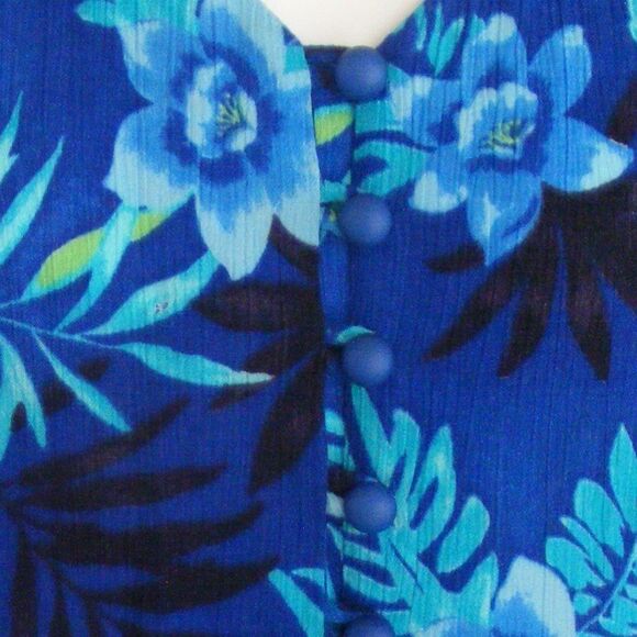Vintage DAWN JOY Maxi Dress, 7/8, Blue Floral, Crossed back, Buttons, Sleeveless - Picture 2 of 12